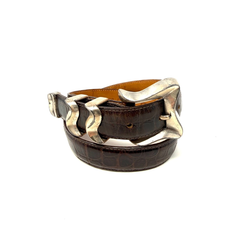 Onyx Vintage Brown Crocodile Embossed Leather Western Belt Silver Hardware‎ 1993
